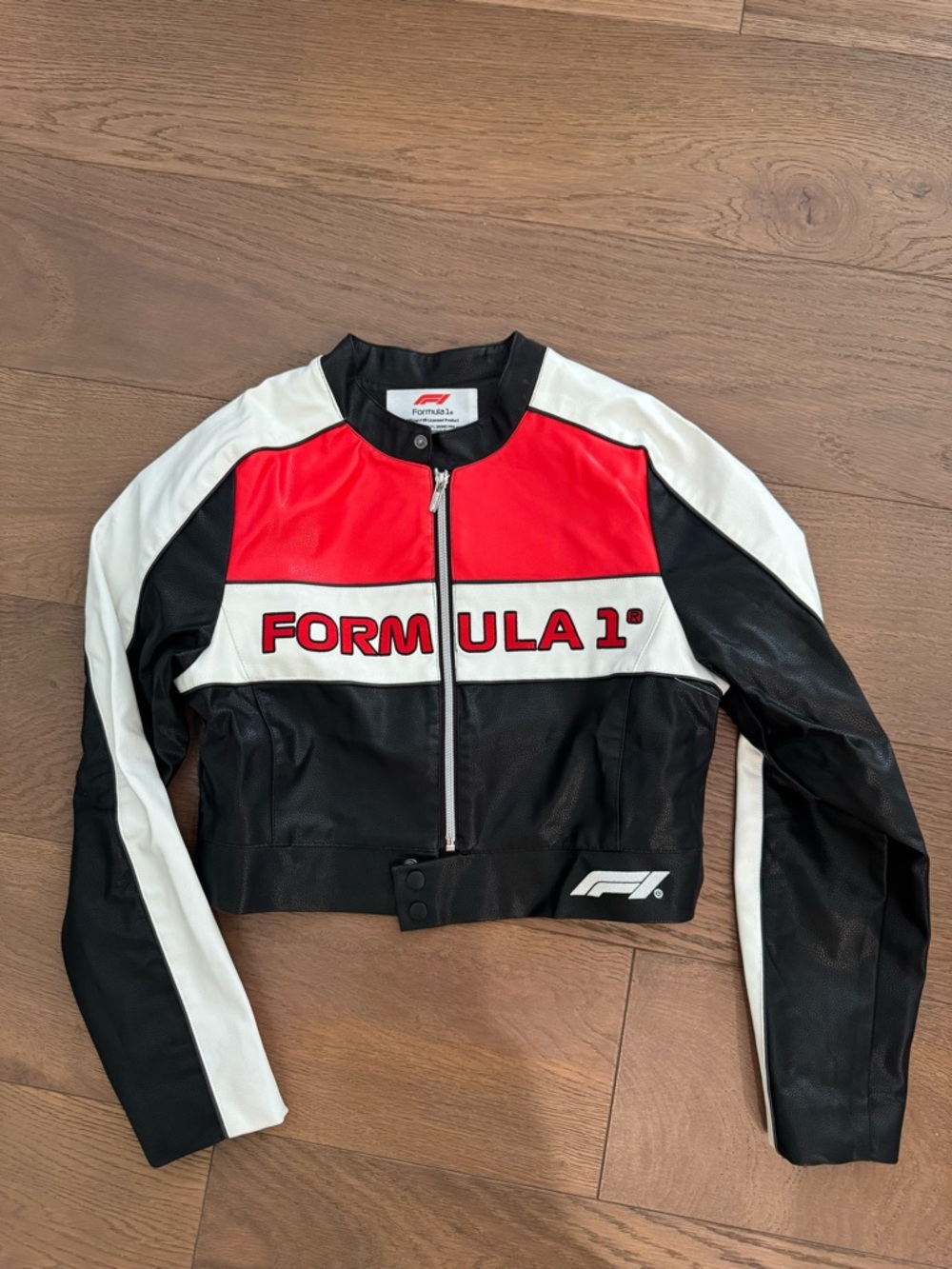 PacSun Formula 1 Black, White & Red Leather Jacket